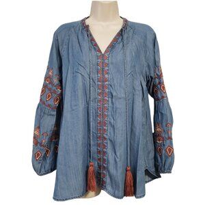 Altar'd State Womens M Embroidered Chambray Boho Tunic Top Blue Long Tassels